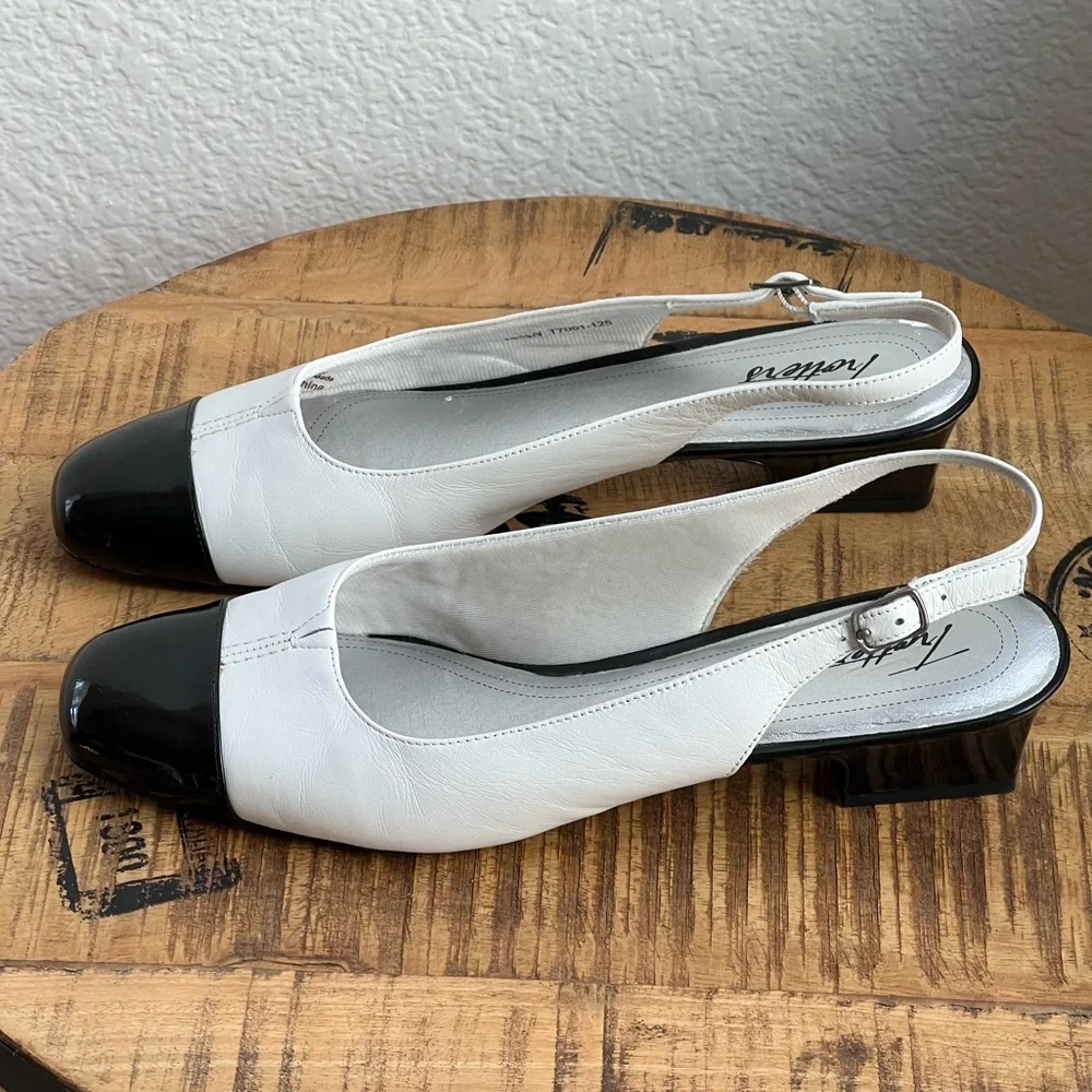 Trotters Leather Two Tone Slingback Kitten Heels Black White 10.5 N